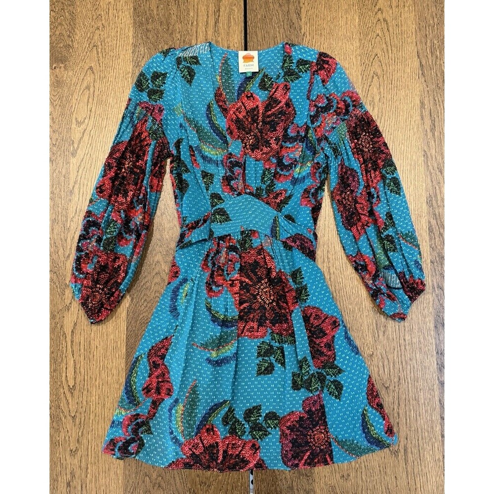 Farm Rio Brilliant Floral Mini Dress Women’s Sz S Multicolor Metallic Tie Waist